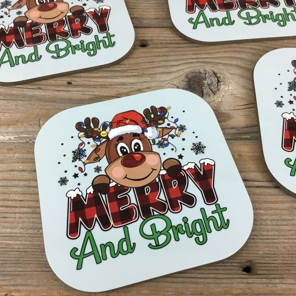 Merry and Bright Reindeer Christmas Coasters Set of 4 - Picture 5 of 8